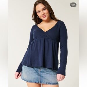 Hollister Navy V-Neck Long Sleeve Babydoll Top